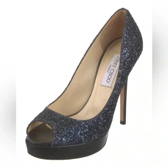 EUC Jimmy Choo Navy Glitter Luna Peep Toe Platform Stilettos Sz. 38.5 / US 8 - Picture 3 of 6